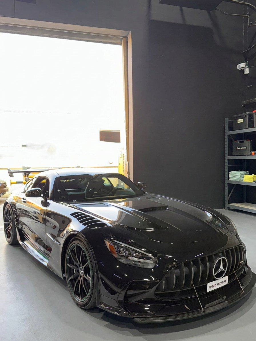Black Mercedes-AMG GT Black Series front view at the BRITFIX performance workshop