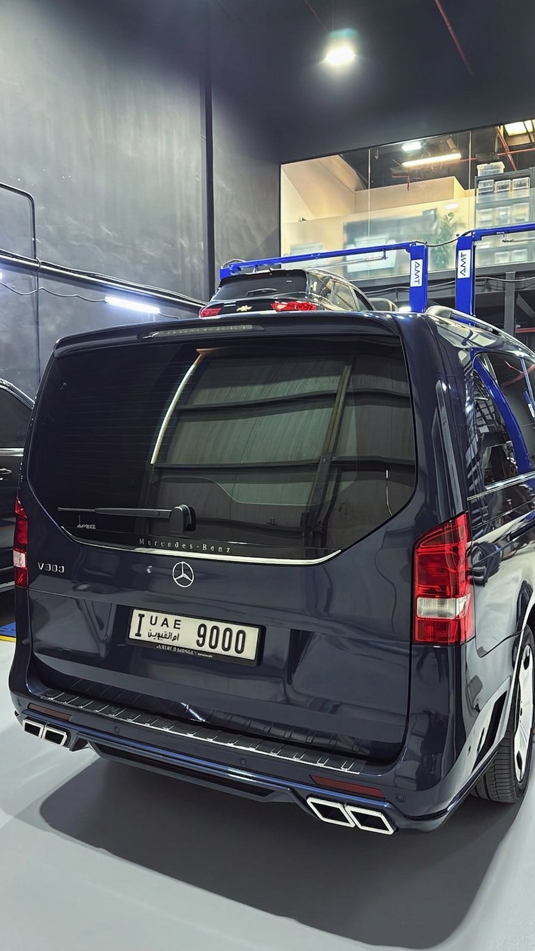 Mercedes-Benz V300 luxury van in for maintenance at BRITFIX Al Quoz