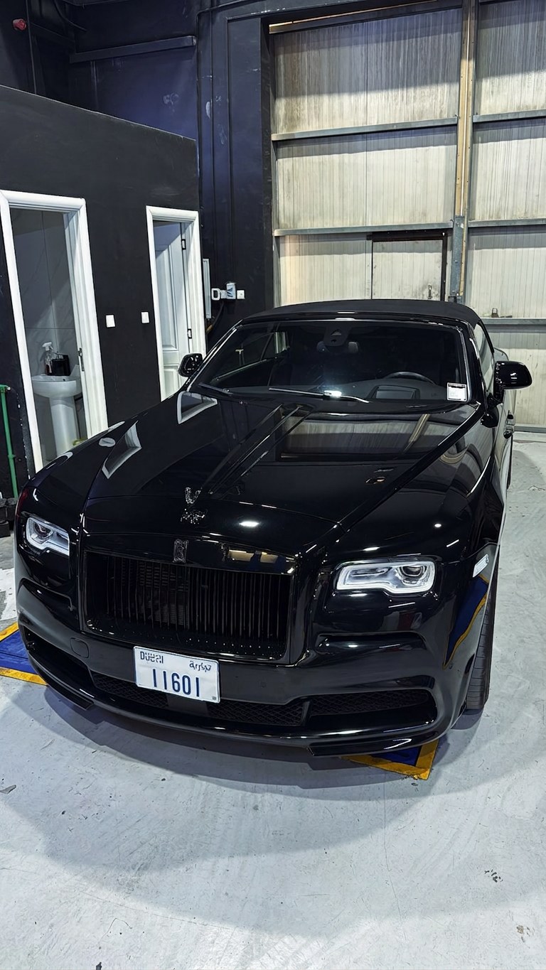 Rolls-Royce Dawn Black Badge on the ramp at the BRITFIX workshop in Al Quoz