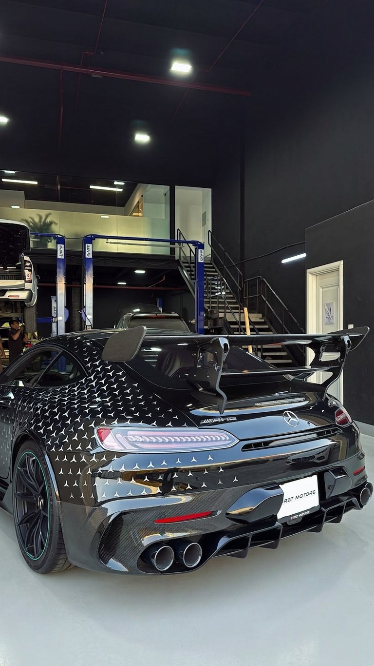 Mercedes-AMG GT Black Series with carbon rear wing inside the BRITFIX workshop