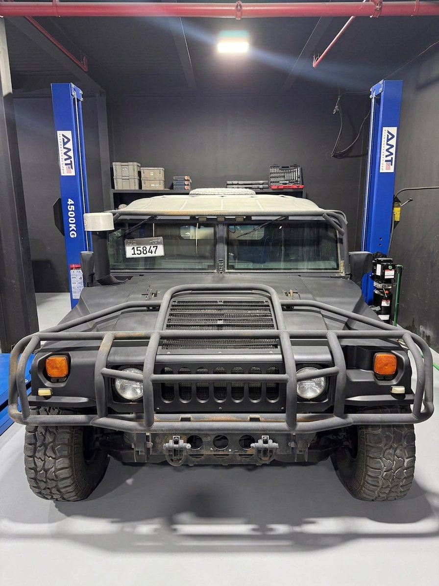 Military-spec Hummer H1 on a heavy-duty lift at BRITFIX Auto Repair Dubai