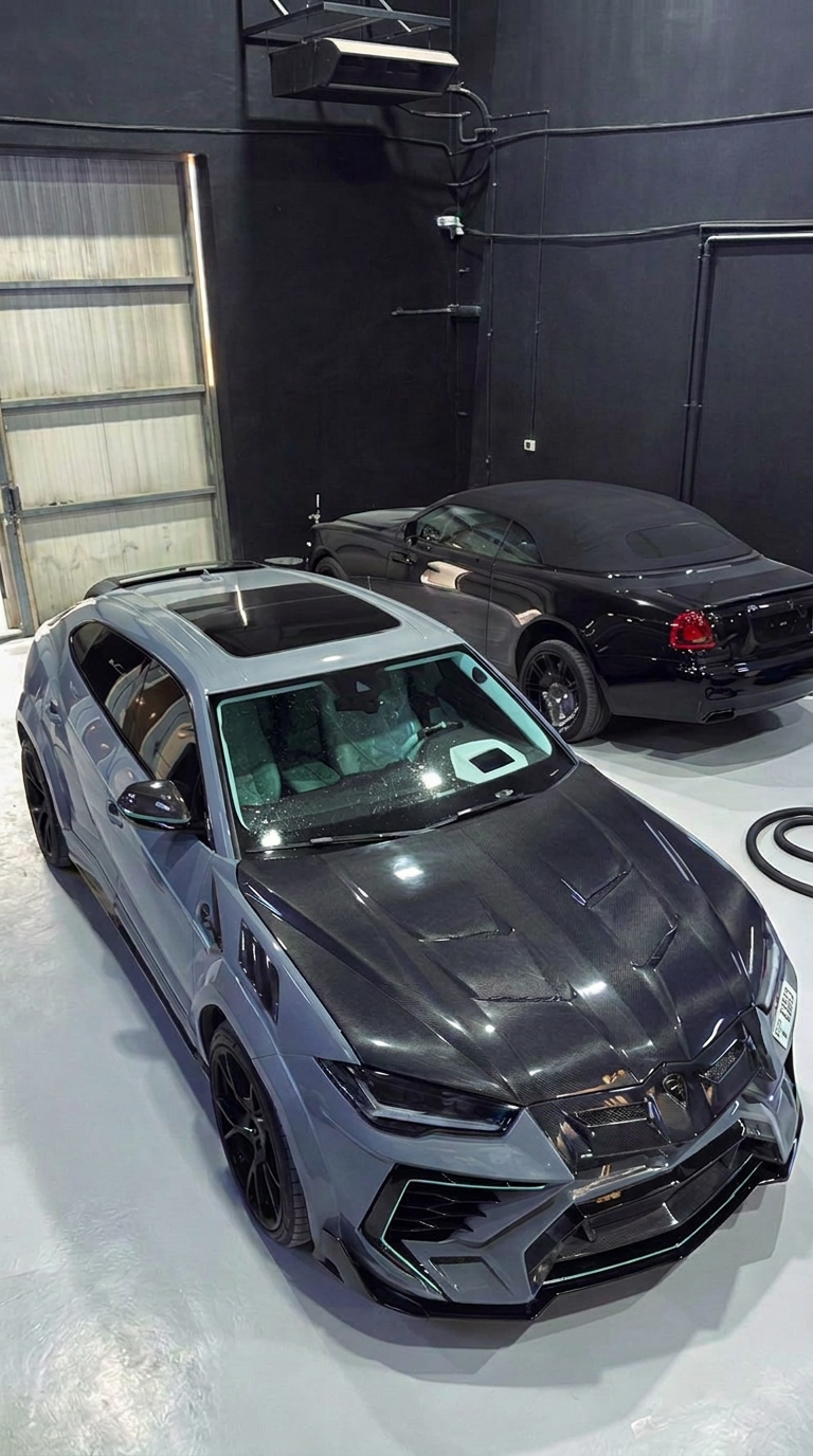 Mansory Lamborghini Urus with carbon bonnet beside a Rolls-Royce Dawn at BRITFIX