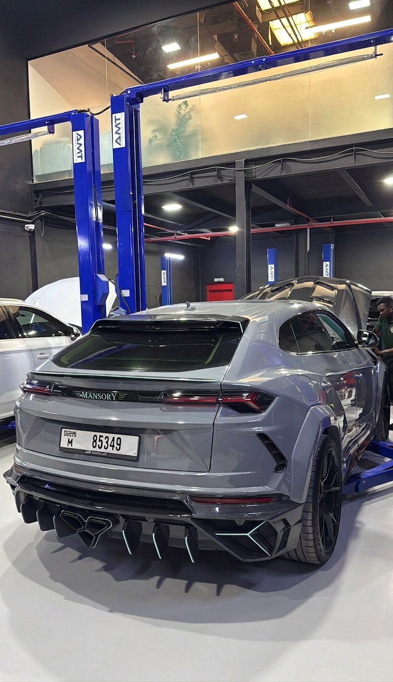 Mansory Lamborghini Urus rear diffuser detail in the BRITFIX service bay