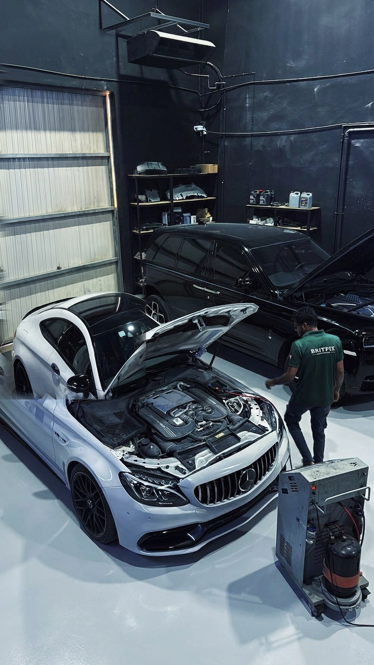BRITFIX technician working on a Mercedes-AMG C63 Coupe in the Al Quoz workshop