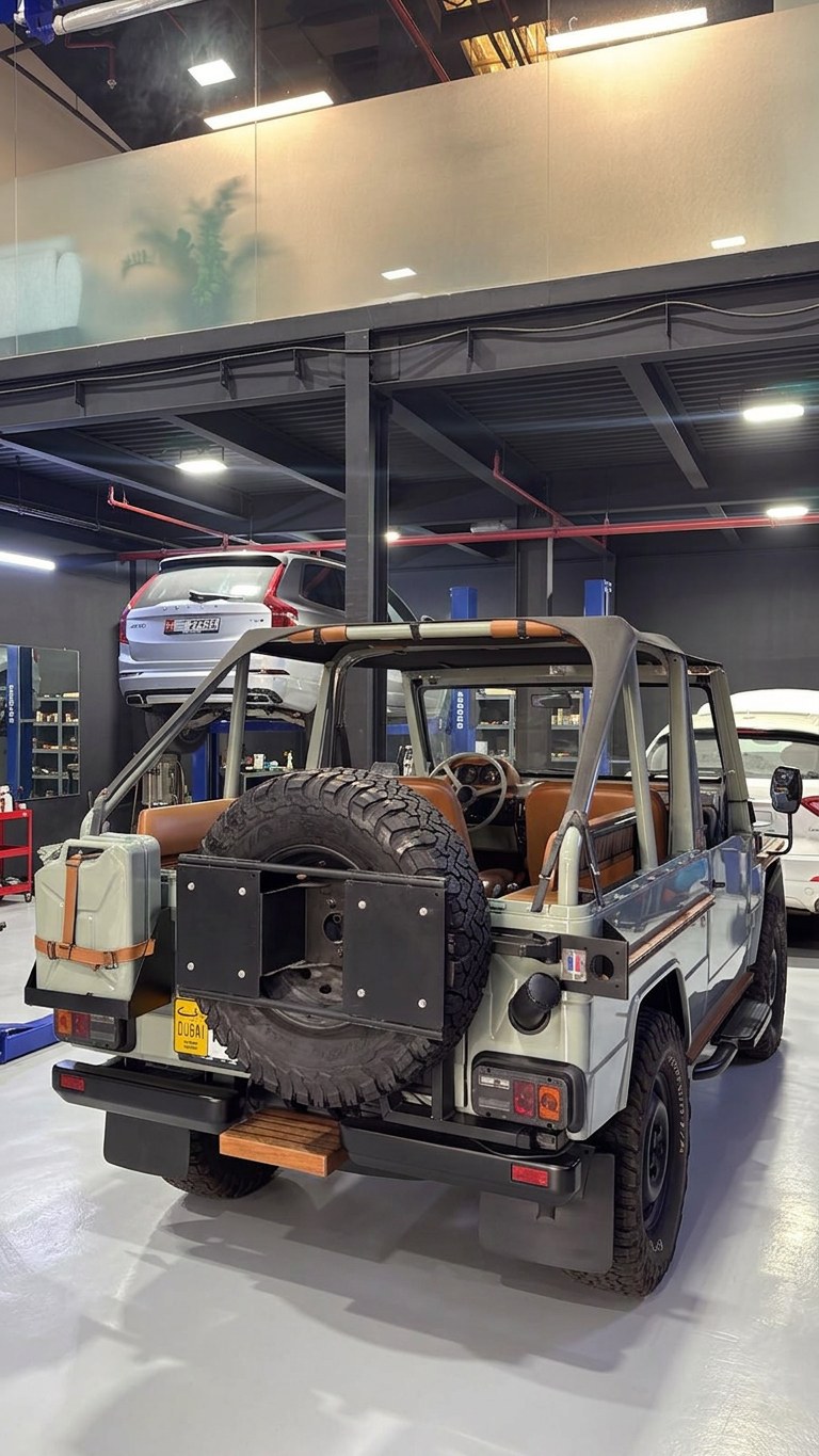 Classic Mercedes-Benz G-Wagon convertible restoration project inside BRITFIX Dubai