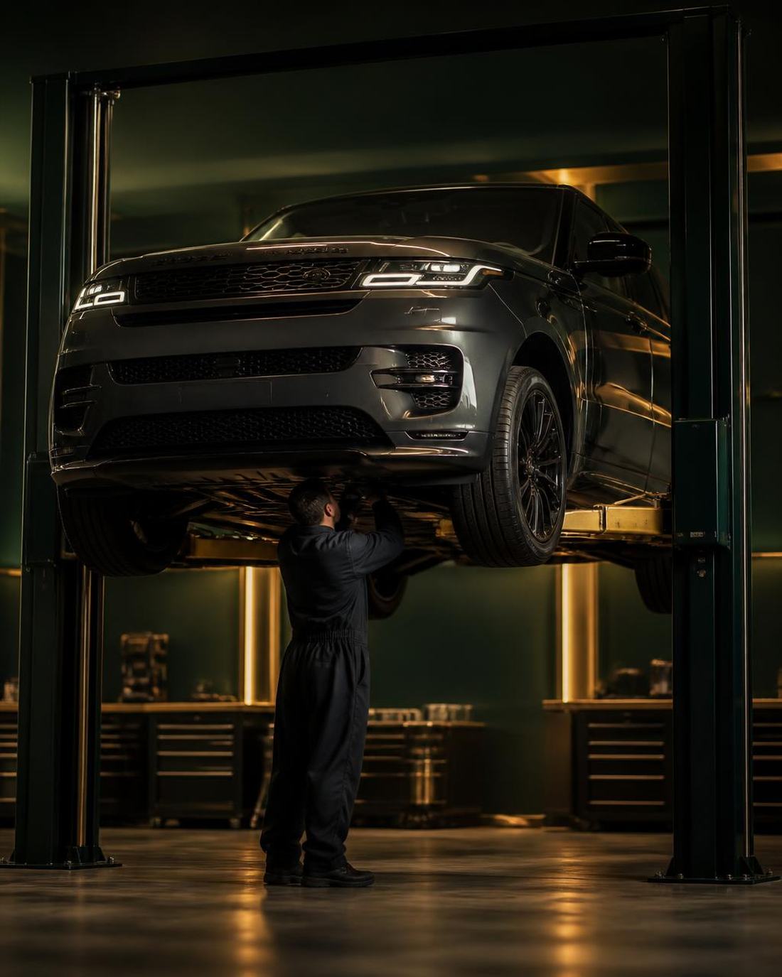 BRITFIX technician servicing a luxury SUV on a lift in our Dubai workshop